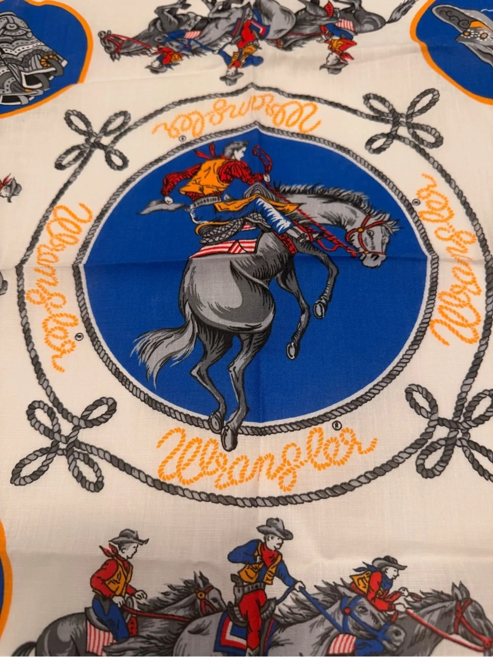 Vintage Wrangler Rodeo Western Bandana Scarf Cowboy Horse rope Blue White gold